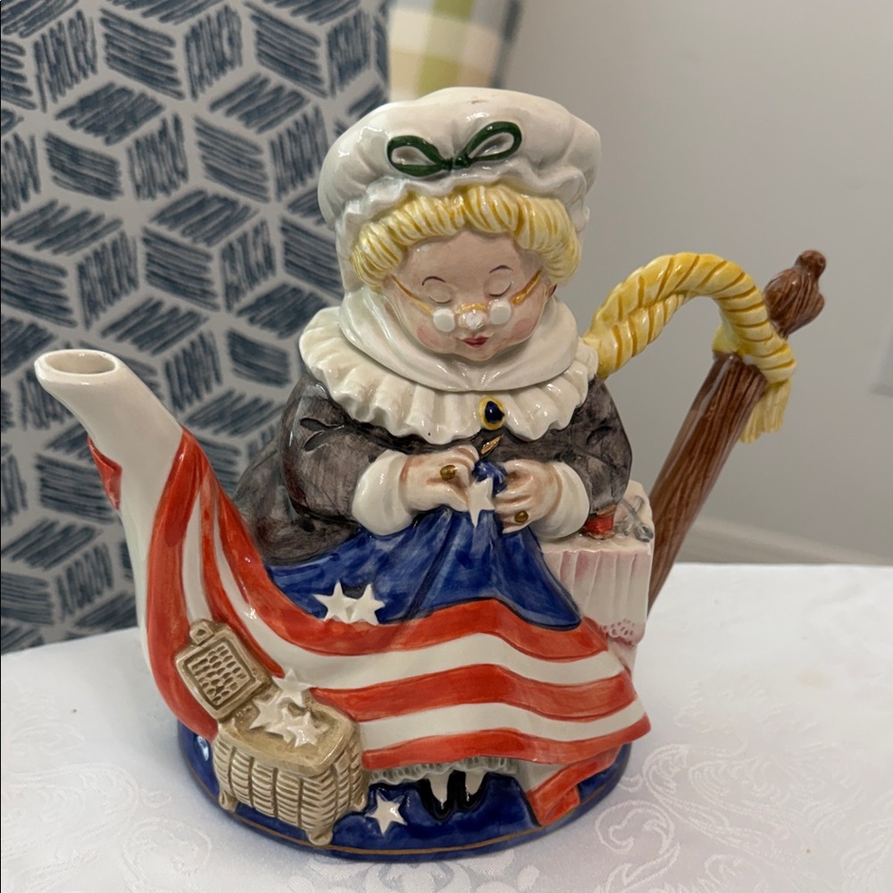 Fitz and Floyd Betsy Ross Ceramic Teapot - Red, Blue, White